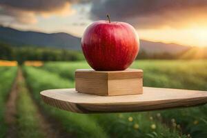 an apple on a wooden stand in a field. AI-Generated photo