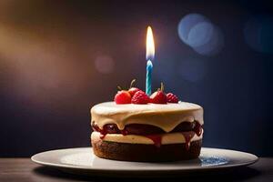 a birthday cake with a single candle. AI-Generated photo