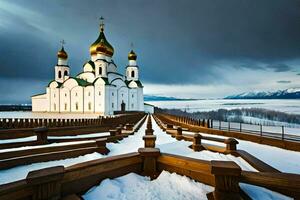 a church in the snow with a bench and snow. AI-Generated photo