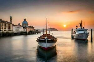 two boats are docked at the pier in front of a building. AI-Generated photo