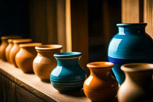 a row of colorful vases on a wooden shelf. AI-Generated photo