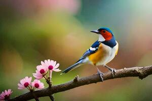 a colorful bird sits on a branch with pink flowers. AI-Generated photo