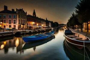 boats are docked on the water in front of buildings. AI-Generated photo