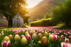 photo wallpaper field, flowers, tulips, eggs, house, trees, sun, spring,. AI-Generated