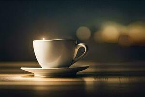 a cup of coffee on a table with a light shining from it. AI-Generated photo