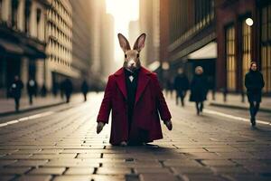 a rabbit dressed in a red coat is walking down a street. AI-Generated photo