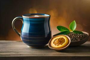 a cup of tea and a bowl of seeds. AI-Generated photo