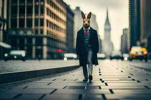 a rabbit wearing a suit and tie walking down a city street. AI-Generated photo