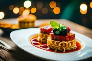 a plate with spaghetti and sauce on it. AI-Generated photo
