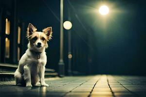a dog sitting on a street at night. AI-Generated photo