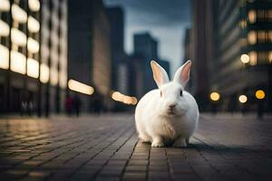 a white rabbit is standing in the middle of a city street. AI-Generated photo