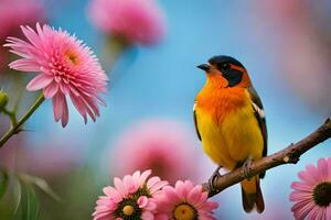 un vistoso pájaro se sienta en un rama con rosado flores generado por ai foto