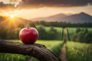 a red apple on a branch in the sunset. AI-Generated photo