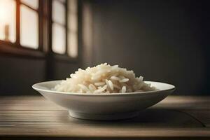 un cuenco de arroz en un mesa en frente de un ventana. generado por ai foto