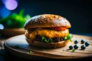 a hamburger with cheese and tomatoes on a wooden plate. AI-Generated photo