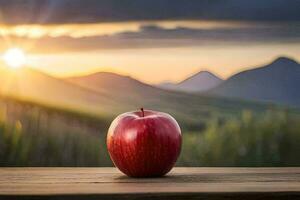 a red apple sits on a wooden table in front of a mountain view. AI-Generated photo