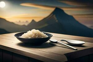 a bowl of rice and spoon on a table with mountains in the background. AI-Generated photo