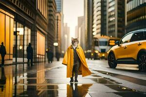 a fox in a yellow coat walking down a city street. AI-Generated photo