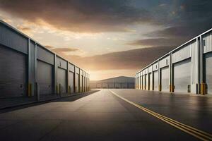 a long empty warehouse with a sky background. AI-Generated photo