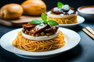 a plate of spaghetti with meat and vegetables. AI-Generated photo