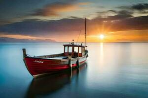 un rojo barco se sienta en el agua a puesta de sol. generado por ai foto