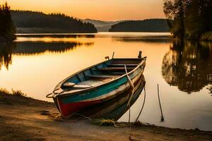 a boat sits on the shore of a lake at sunset. AI-Generated photo