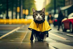 a cat wearing a yellow raincoat on a city street. AI-Generated photo