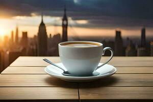 a cup of coffee on a wooden table with a cityscape in the background. AI-Generated photo