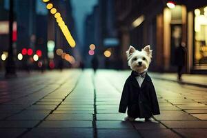 a small white dog in a suit and tie standing on a city street. AI-Generated photo