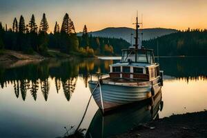 a boat sits on the shore of a lake at sunset. AI-Generated photo