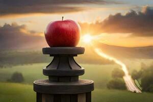 an apple sits on top of a wooden post. AI-Generated photo