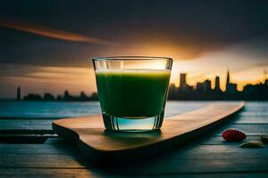 a glass of green juice on a wooden board with a city skyline in the background. AI-Generated photo