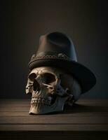 humano cráneo en de madera mesa con un sombrero el oscuro antecedentes ai generado foto