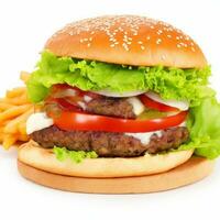 Delicious burger with many ingredients isolated on white background photo