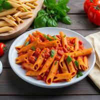 Penne pasta in tomato sauce with chicken and tomatoes on a wooden table photo