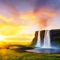 Seljalandsfoss waterfall during the sunset, beautiful waterfall in iceland. generative ai photo