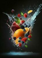 salpicaduras Fruta en agua. Fresco Fruta y vegetales siendo Disparo como ellos sumergido debajo agua. ai generativo foto