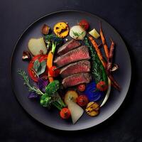 grilled beef fillet steaks with herbs and spices on dark background. Ai Generative photo