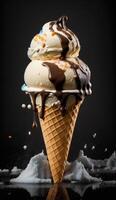 colorful flavor ice cream in cone on splash pastel background. Summer creative concept. photo