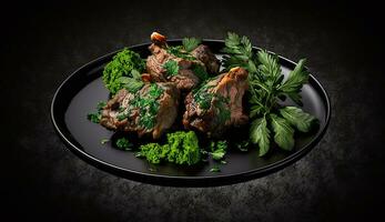 grilled beef fillet steaks with herbs and spices on dark background. Ai Generative photo