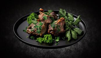 grilled beef fillet steaks with herbs and spices on dark background. photo
