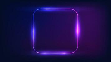 Neon rounded square frame with shining effects on dark background. Empty glowing techno backdrop. Vector illustration.