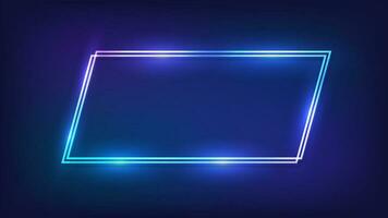 Neon double quadrangle frame with shining effects on dark background. Empty glowing techno backdrop. Vector illustration.