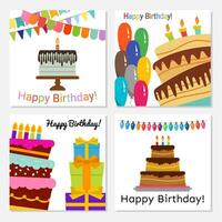 Set of four greeting cards with sweet cake for birthday celebration. Vector illustration