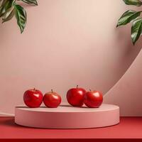 vacío podio en ligero arquitectónico antecedentes rodeado por manzanas resumen antecedentes con minimalista estilo para producto marca presentación. publicidad cosmético desde manzanas ingrediente. foto