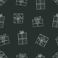 Seamless pattern gift boxes in wrapping paper with bows. Background texture packaging. Doodle cartoon style. vector