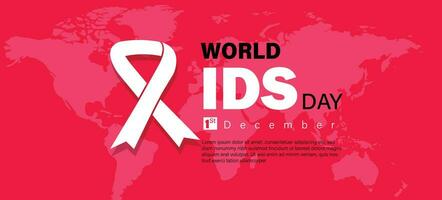 World AIDS day december 1 th. awareness red ribbon as Symbol HIV and Cancer. red background and world map, copy space concept. vector for banner, poster and social media poster