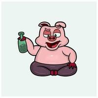 Pig Character Cartoon With Sitting, So High and Holding Bottle. vector