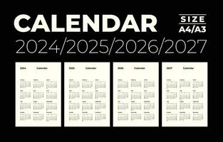 Modern monthly calendar and note for 2024, 2025, 2026, 2027, the week starts on Sunday, A4-A3 size. vector