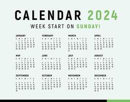 Calendar 2024, Minimal style, Week start on sunday. vector
